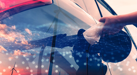EV car charging power hybrid electric car with graphical electronic function double exposure with...