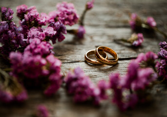 wedding rings on a bouquet of flowers. Wedding photo. Sensual. Decor. 