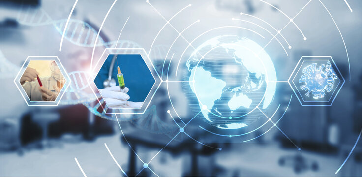 Medical healthcare photo and icon collection concept background, teamwork communication planning research development medicine curing disease illness virus coronavirus covid-19 pandemic vaccination.