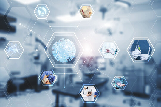 Medical healthcare photo and icon collection concept background, teamwork communication planning research development medicine curing disease illness virus coronavirus covid-19 pandemic vaccination.