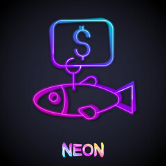 Glowing neon line Price tag for fish icon isolated on black background. Vector