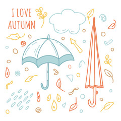 Umbrella set with wording in hand drawn style for autumn concept in different shapes in autumn colors isolated on background. Vector illustration.