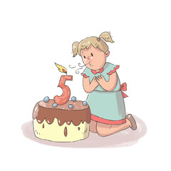 The child is ayat years old. The child blows out the candles on the cake.