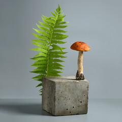 Minimalism conceptual still life with Leccinum mushroom and fern on concrete podium on gray background. Superfood concept. Square.