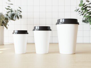Set of three capped plastic cups with different size. White containers for beverages. Place for your content. 3D illustration.