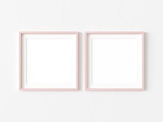 Two square picture frames hanging on white wall side by side, thin pink border. Empty template for adding your content. 3D illustration.