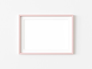 Fototapeta premium Single blank picture with pink frame hanging on white wall. Empty template for adding your content. 3D illustration.