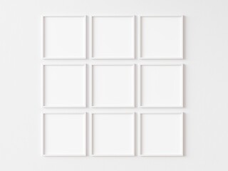 Symmetrical composition of nine square white picture frames isolated on white background. Empty template for adding your content. 3D illustration.