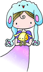 vector cartoon rabbit ear girl hold a pet toy rabbit