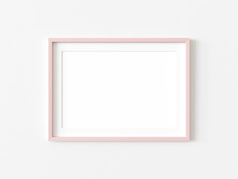 Single blank picture with pink frame hanging on white wall. Empty template for adding your content. 3D illustration.