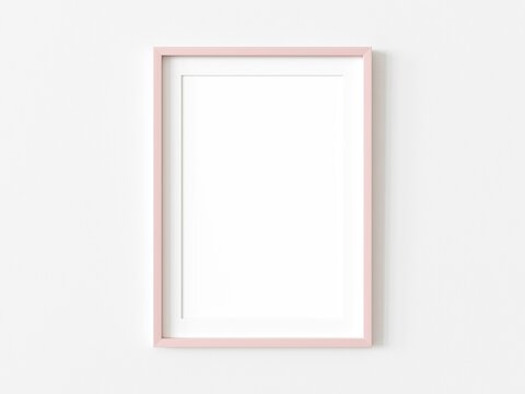 Single rectangular pink picture frame against white wall. Empty template for adding your content. 3D illustration.
