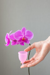 a European woman holds a pink menstrual cup made of silicone in her hands, women's hygiene and care for the health of the pelvic organs, women's hands hold a menstrual cup, study the instructions for