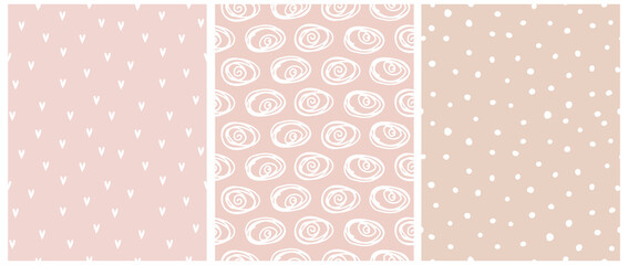 Cute Abstract Seamless Vector Patterns with White Irregular Brush Swirls,Dots and Hearts Isolated on a Pastel Pink and Blush Beige Background. Infantile Style Geometric Print. Abstract Doodle Pattern.