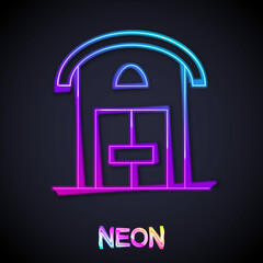 Glowing neon line Farm house icon isolated on black background. Vector