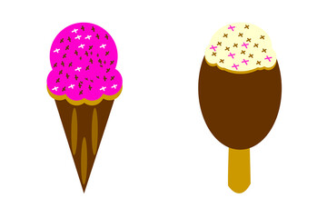 Pink strawberry flavored ice cream cone with cute cartoon style ice cream stick isolated on white background.