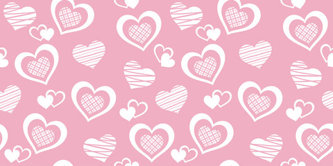 Endless texture with different white hearts on a pink background. Vector seamless pattern for wallpaper, wrapping paper, wrapper, giftwrap, surface texture, print. Design template for Valentine`s day