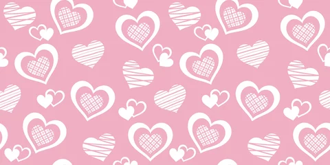 Foto op Plexiglas Endless texture with different white hearts on a pink background. Vector seamless pattern for wallpaper, wrapping paper, wrapper, giftwrap, surface texture, print. Design template for Valentine`s day © KuraitennoDesign