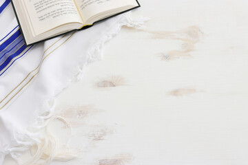 religion image of white prayer talit. Rosh hashanah (jewish New Year holiday), Shabbat and Yom...