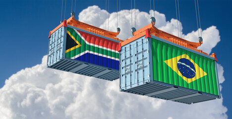 Freight containers with Brazil and South Africa national flags. 3D Rendering 