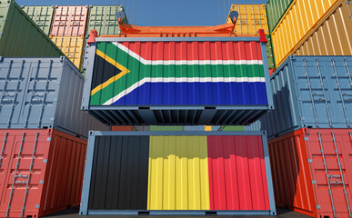 Freight containers with Belgium and South Africa national flags. 3D Rendering 