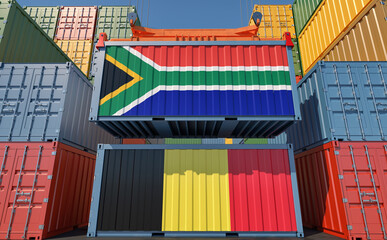 Fototapeta premium Freight containers with Belgium and South Africa national flags. 3D Rendering 