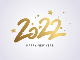 Happy New Year 2022. Vector holiday illustration with 2022 logo text design, sparkling confetti and shining golden stars on white background. - obrazy, fototapety, plakaty