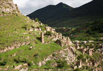 Fototapeta na wymiar Ruins of the aul of the ghost of Kahib in the mountains of Dagestan