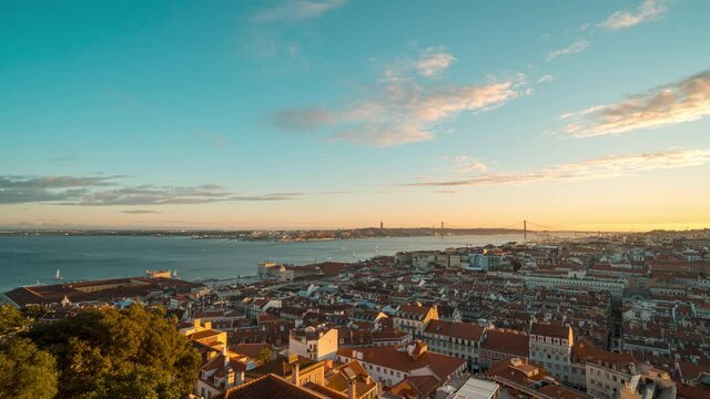 4k time lapse of sunset over Lisbon Portugal, seen from the Castelo st. Jorge viewpoint