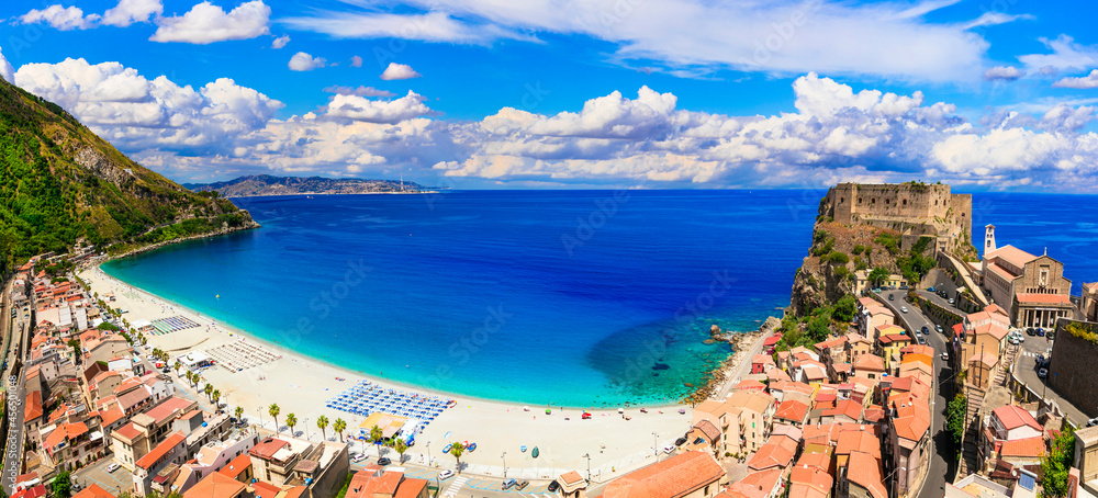 Wall mural most beautiful medieval coastal towns of calabria. scilla with great beach. italy travel and landmar