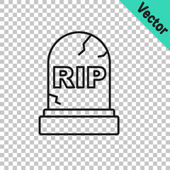 Black line Tombstone with RIP written on it icon isolated on transparent background. Grave icon. Happy Halloween party. Vector