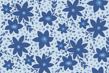 Beautiful winter season, Christmas floral seamless pattern with blue flowers, branches, leaves, dots in simple hand drawn flat style. Frosty snowy holiday background design