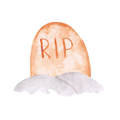 Gravestone isolated on a white background. Watercolor tombstone with a sign RIP. Rest in peace illustration. Hand-drawn headstone in a cartoon style. Halloween clipart. Fall holiday object. Grave.