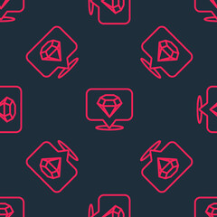 Red line Diamond icon isolated seamless pattern on black background. Jewelry symbol. Gem stone. Vector