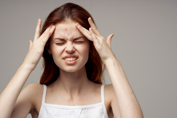 Fototapeta premium red-haired woman facial skin problems dermatology isolated background