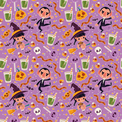 Characters in costumes of monsters for the autumn holiday. Seamless halloween pattern on a purple background. Witch on a broomstick, Count Dracula, lollipops and candies. Vector illustration