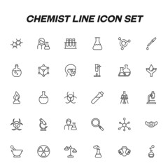 Profession of a chemist concept. Collection of line icons of chemist