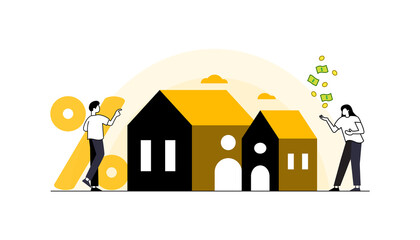 Mortgage vector illustration. Flat tiny house purchase debt persons concept