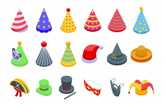 Party hats icons set isometric vector. Birthday cap. Carnival celebrate