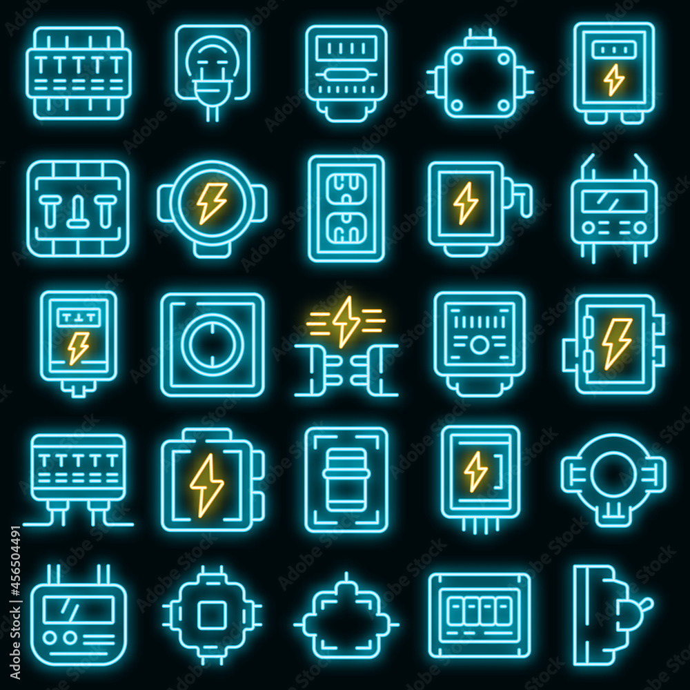 Poster junction box icons set. outline set of junction box vector icons neon color on black
