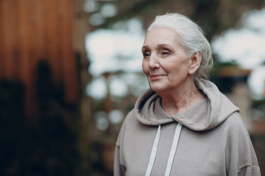 Portrait Of Mature Gray Haired Elderly Older Woman Outdoor