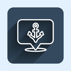White line Anchor icon isolated with long shadow background. Blue square button. Vector