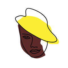 Hand draw outline portrait of african black woman with bown sample color and a yellow hat. Diversity abstract colletion of different people and skin tones.