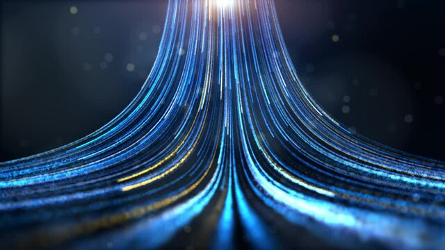 Seamless loop blue and gold futuristic particle beam stream, digital data flow. Dynamic pattern with power rays and light.