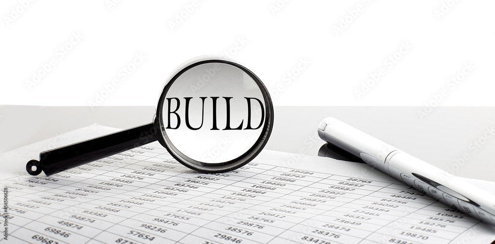 Poster magnifying glass with text build on the background with pen