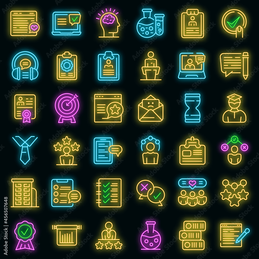 Poster experience icons set. outline set of experience vector icons neon color on black