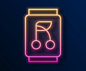 Glowing neon line Soda can icon isolated on black background. Vector