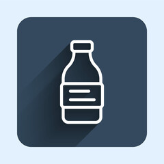 White line Bottle of water icon isolated with long shadow background. Soda aqua drink sign. Blue square button. Vector