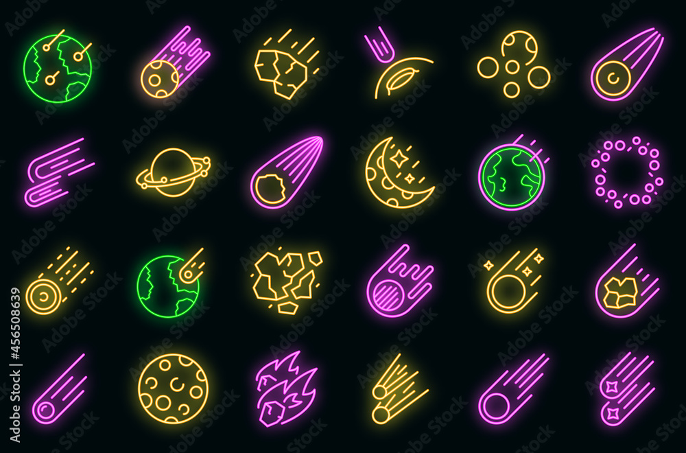 Poster asteroid icons set. outline set of asteroid vector icons neon color on black