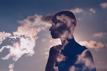 Psychology and european woman mental health contemplation concept. Multiple exposure clouds and sun...