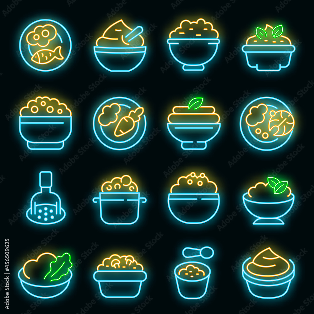 Poster mashed potatoes icons set. outline set of mashed potatoes vector icons neon color on black
